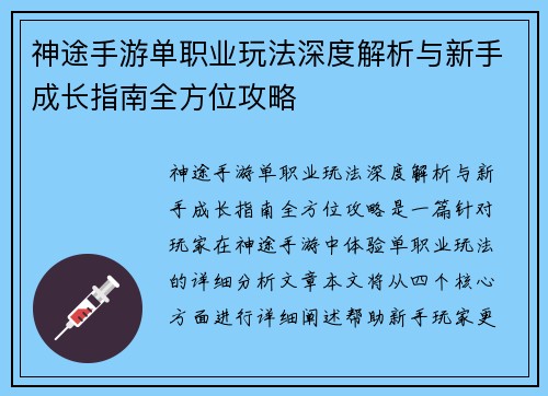 神途手游单职业玩法深度解析与新手成长指南全方位攻略